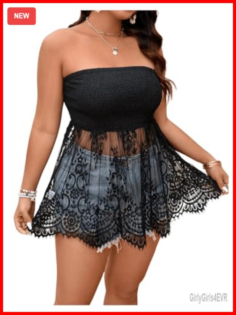 Plus Size Fringe Trim Bandeau Strapless Flared Hem Tube Top